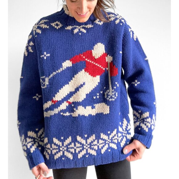 Lands’ End Ski Alpine Blue Lambswool Novelty Cozy Heavy Knit Sweater size large - Picture 7 of 9